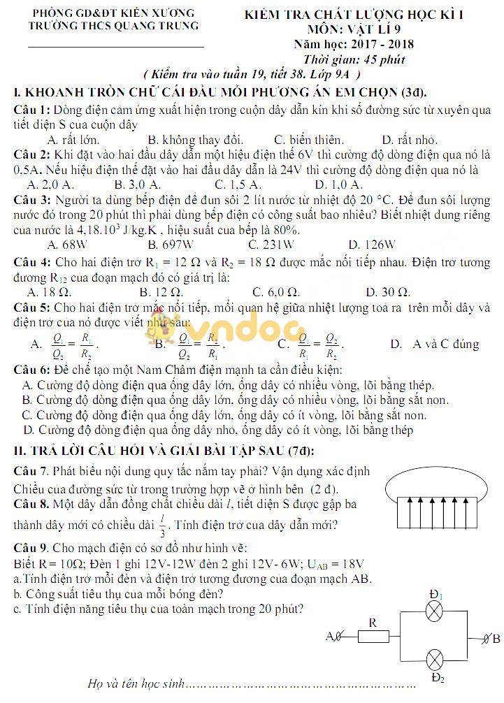 Đề kiểm tra học kì 1 lớp 9 môn Vật lý trường THCS Quang Trung, Kiến Xương năm học 2017 - 2018