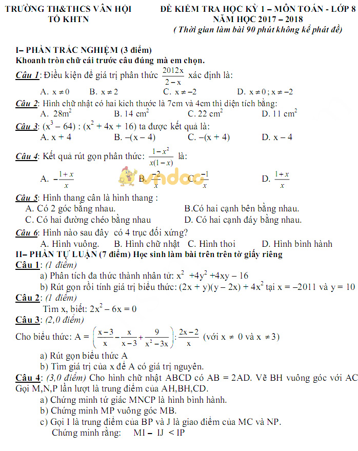 Đề kiểm tra học kì 1 lớp 8 môn Toán trường THCS Vân Hội năm học 2017 - 2018