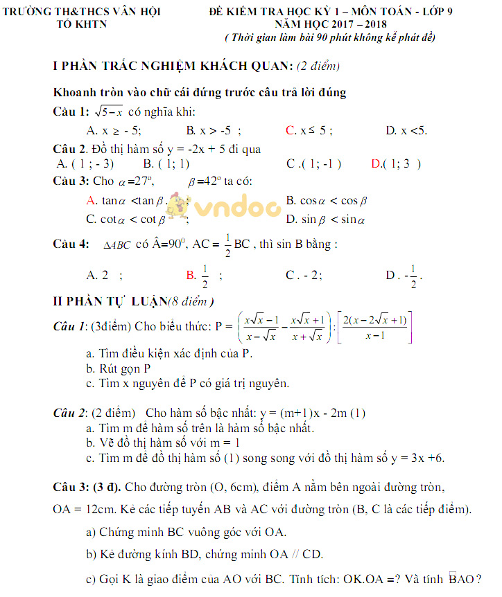 Đề kiểm tra học kì 1 lớp 9 môn Toán trường THCS Vân Hội năm học 2017 - 2018