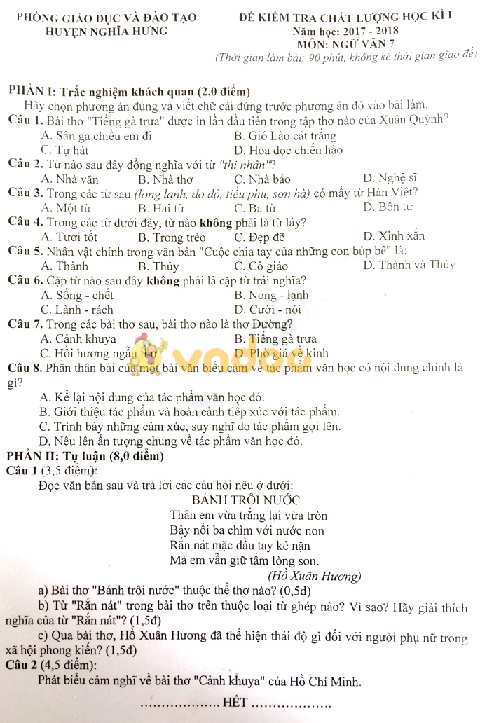 Đề thi học kì 1 lớp 7 môn Ngữ văn Phòng GD&ĐT Nghĩa Hưng năm học 2017 - 2018