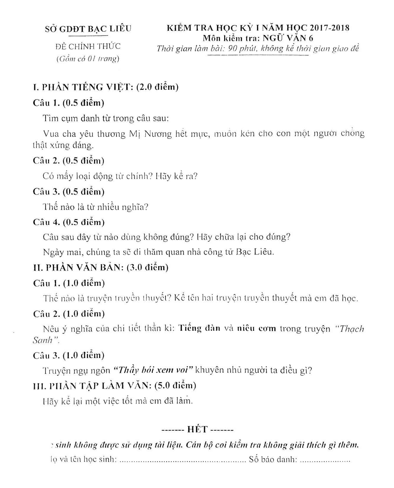 Đề thi kì 1 Ngữ văn 6