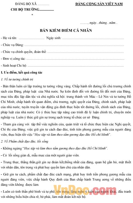 Mẫu bản kiểm điểm Đảng viên của bí thư chi bộ