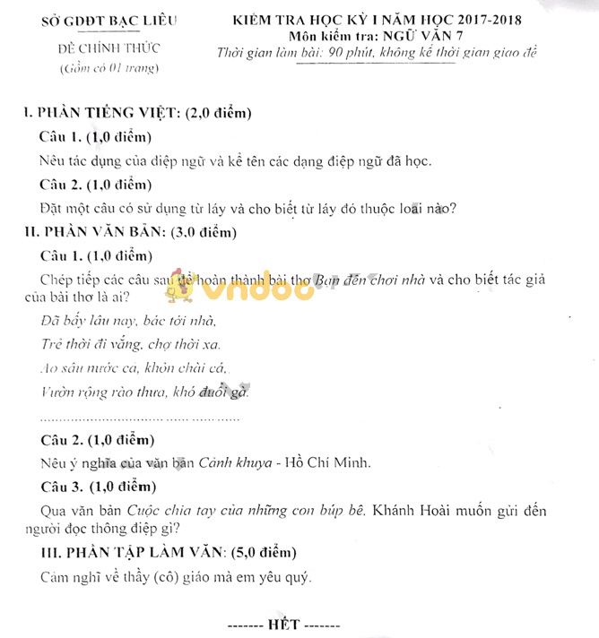 Đề kiểm tra học kì 1 lớp 7 môn Ngữ văn Sở GD&ĐT Bạc Liêu năm học 2017 - 2018