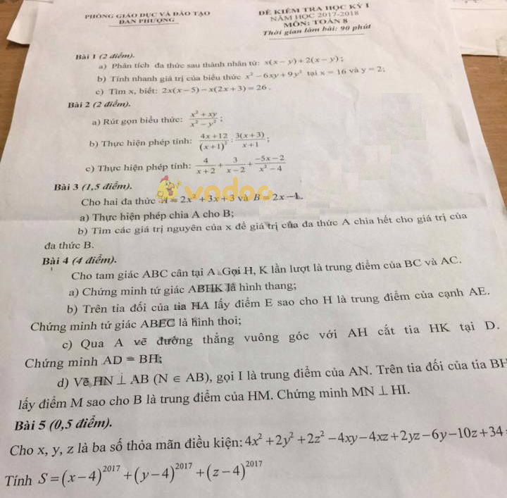 Đề kiểm tra học kì 1 lớp 8 môn Toán Phòng GD&ĐT Đan Phượng năm học 2017 - 2018