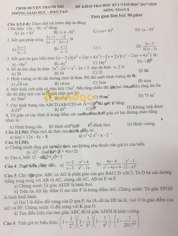 Đề kiểm tra học kì 1 lớp 8 môn Toán Phòng GD&ĐT Huyện Thanh Trì năm học 2017 - 2018