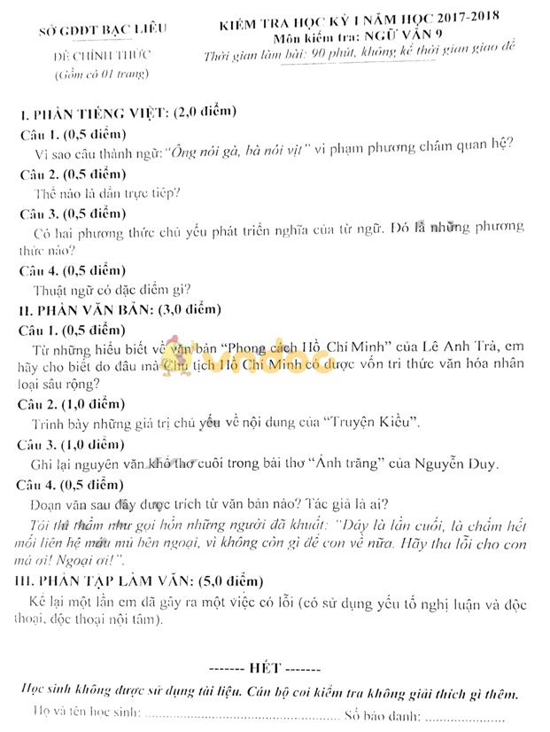 Đề kiểm tra học kì 1 lớp 9 môn Ngữ văn Sở GD&ĐT Bạc Liêu năm học 2017 - 2018