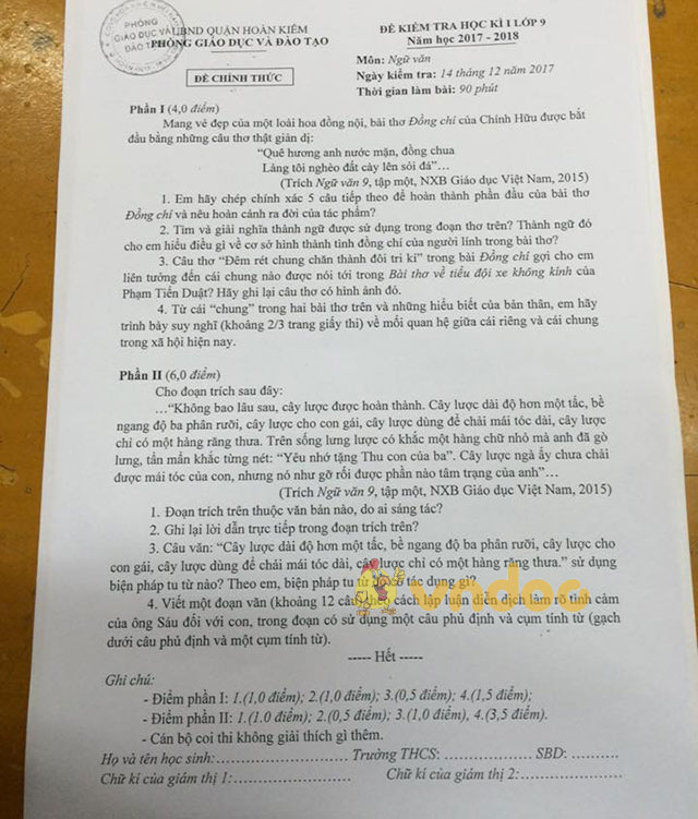 Đề thi học kì 1 lớp 9 môn Ngữ Văn quận Hoàn Kiếm, Hà Nội năm học 2017-2018
