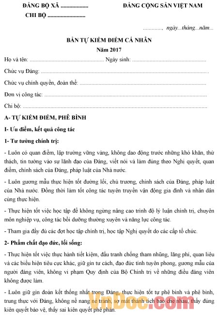 Mẫu bản kiểm điểm Đảng viên của phó bí thư chi bộ