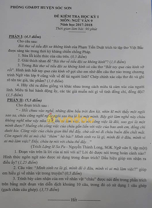 Đề kiểm tra học kì 1 lớp 9 môn Ngữ văn Phòng GD&ĐT Huyện Sóc Sơn năm học 2017 - 2018