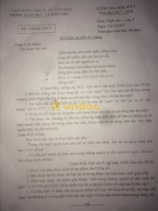 Đề kiểm tra học kì 1 lớp 9 môn Ngữ văn Phòng GD&ĐT Quận Cầu Giấy năm học 2017 - 2018