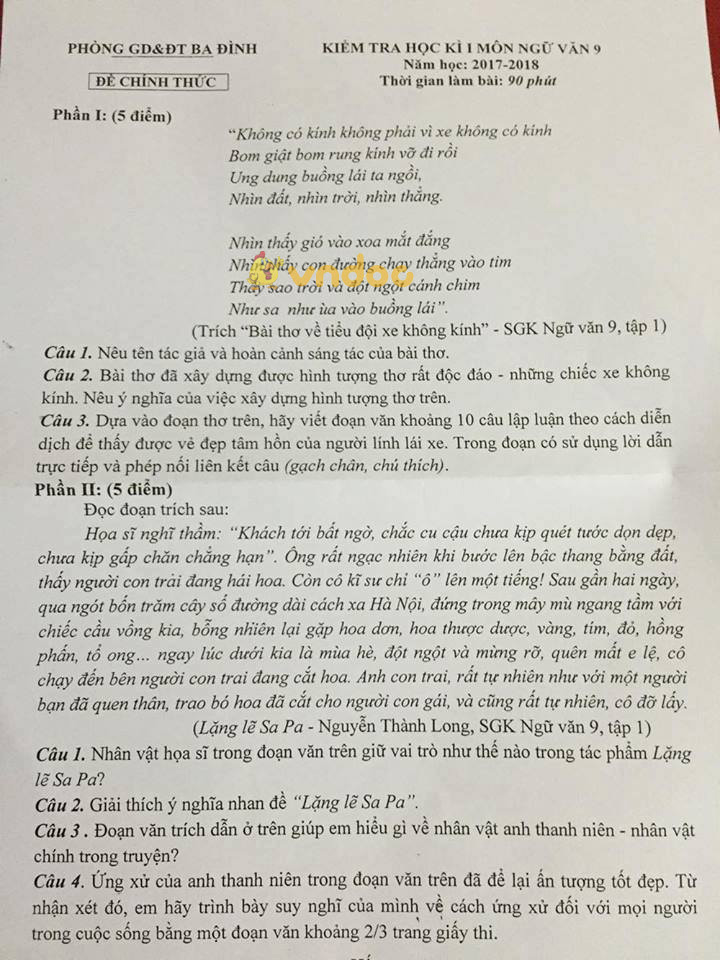 Bộ đề thi học kì 1 lớp 9 môn Ngữ văn năm học 2017 - 2018