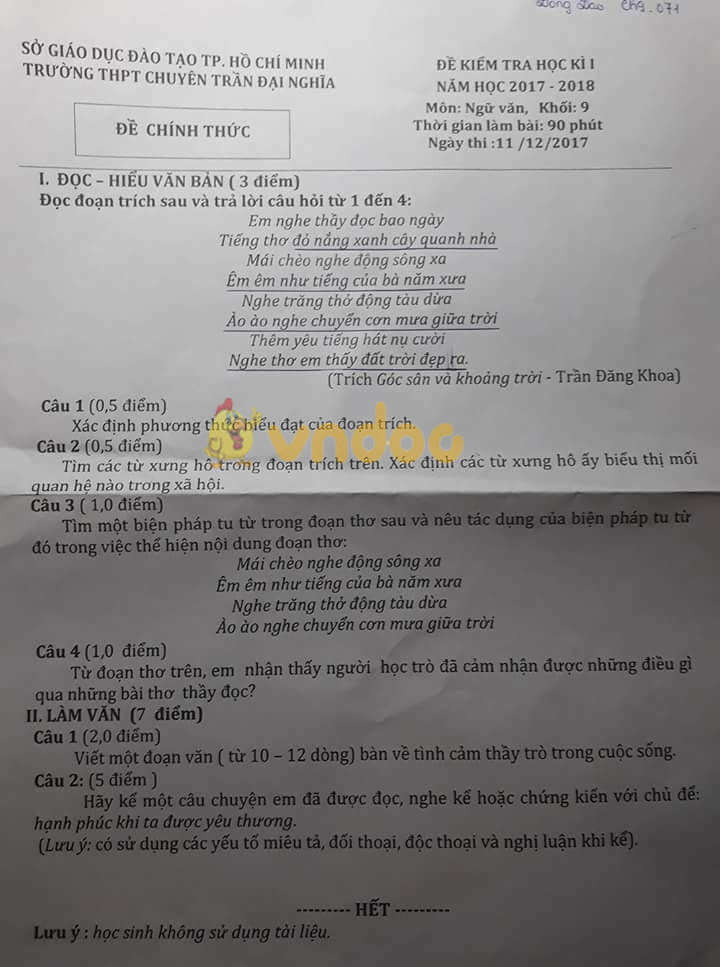 Bộ đề thi học kì 1 lớp 9 môn Ngữ văn năm học 2017 - 2018