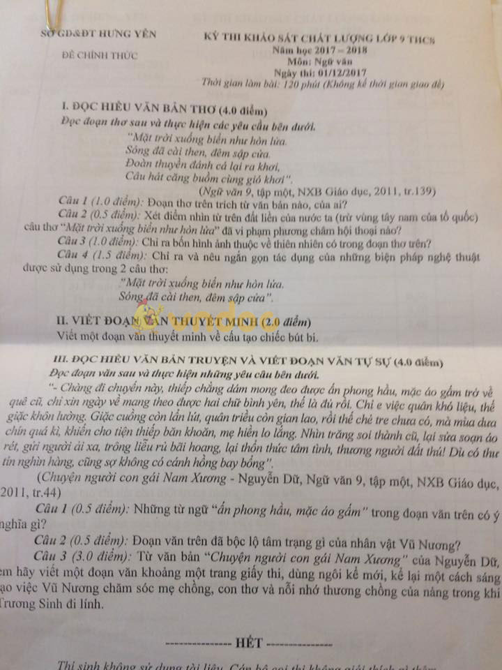 Bộ đề thi học kì 1 lớp 9 môn Ngữ văn năm học 2017 - 2018