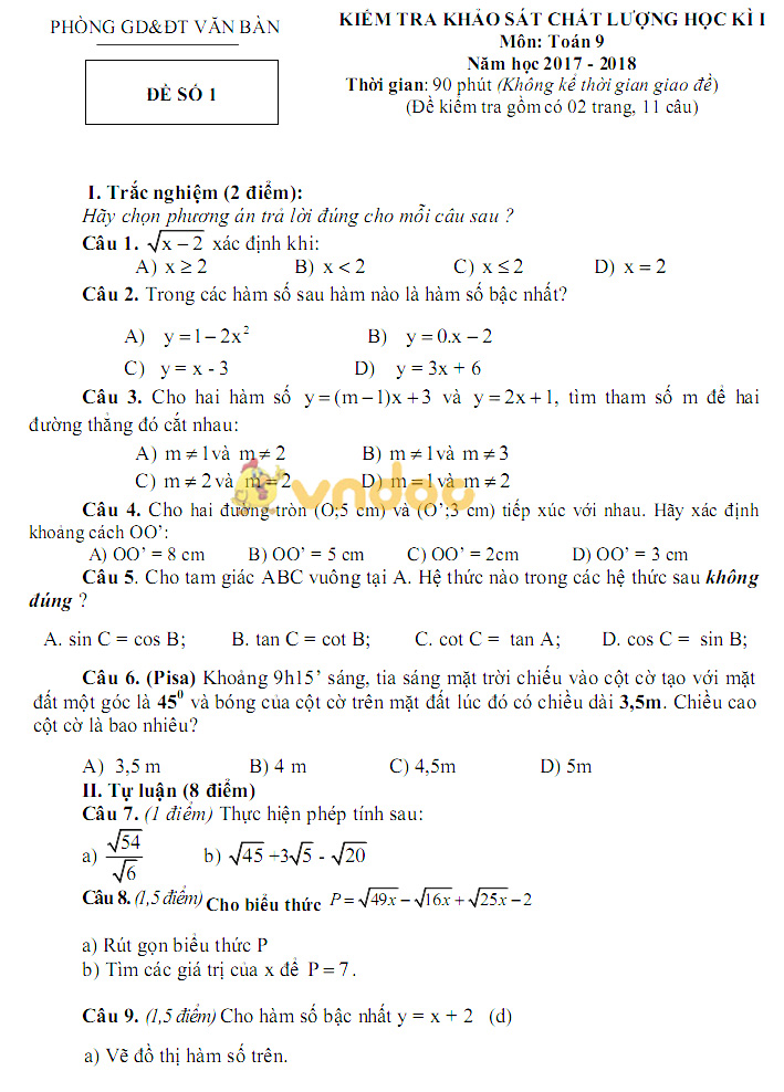 Bộ đề thi học kì 1 lớp 9 môn Toán năm học 2017 - 2018