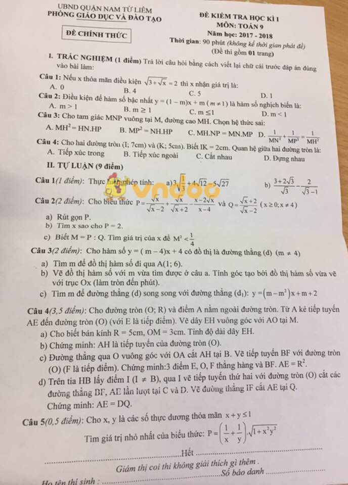 Bộ đề thi học kì 1 lớp 9 môn Toán năm học 2017 - 2018