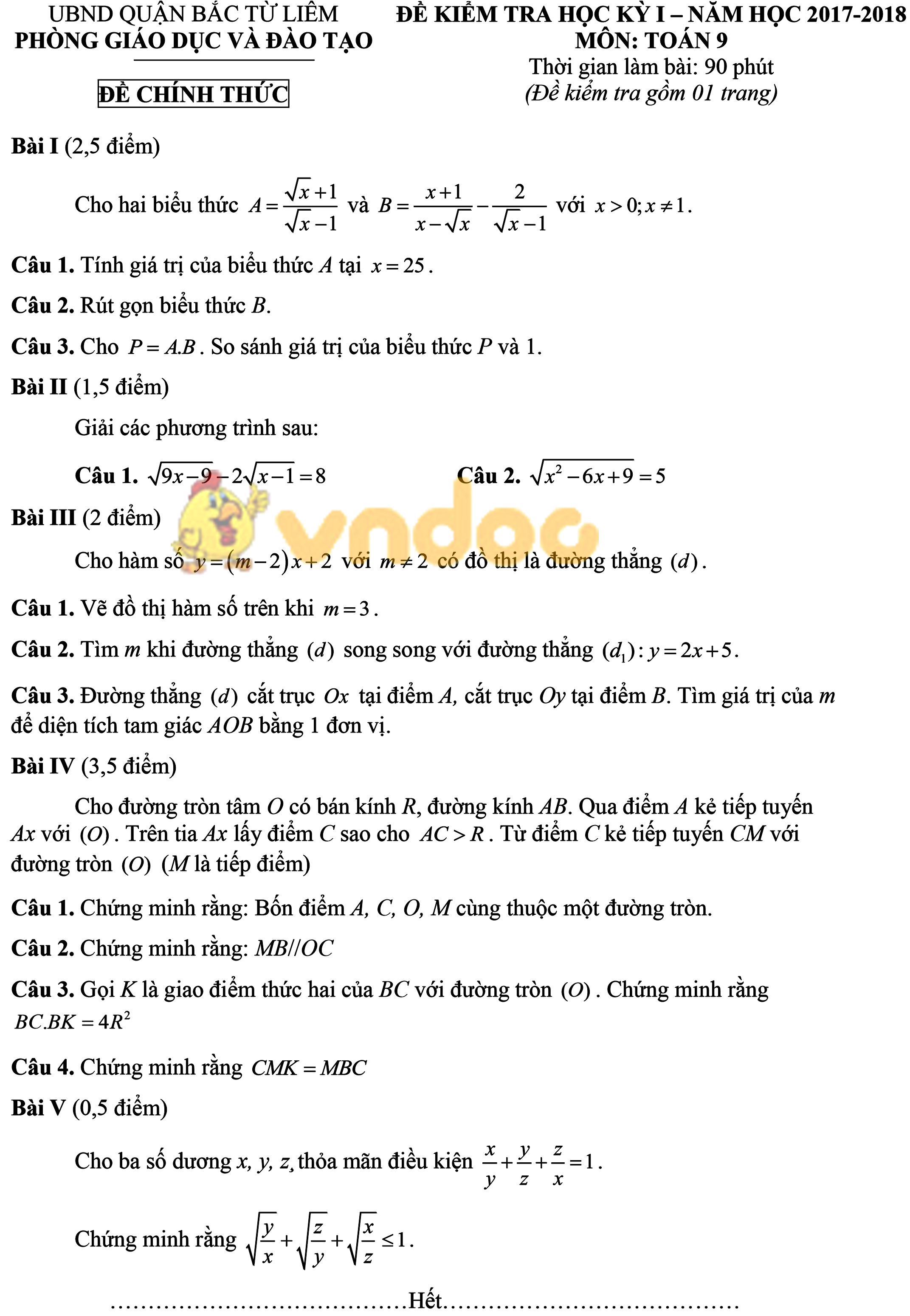 Bộ đề thi học kì 1 lớp 9 môn Toán năm học 2017 - 2018