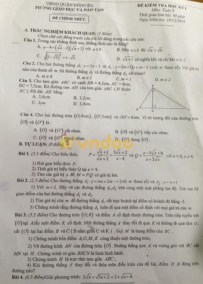 Bộ đề thi học kì 1 lớp 9 môn Toán năm học 2017 - 2018