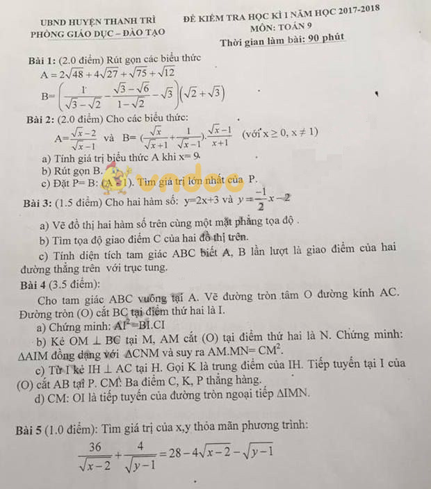 Bộ đề thi học kì 1 lớp 9 môn Toán năm học 2017 - 2018