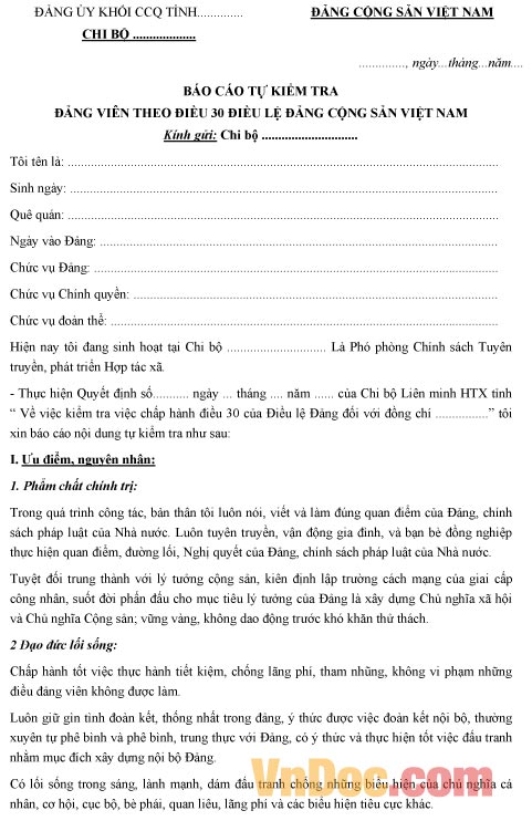 Mẫu bản kiểm điểm Đảng viên theo điều 30