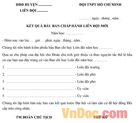 Mẫu biên bản kiểm phiếu bầu cử ban chấp hành liên đội mới