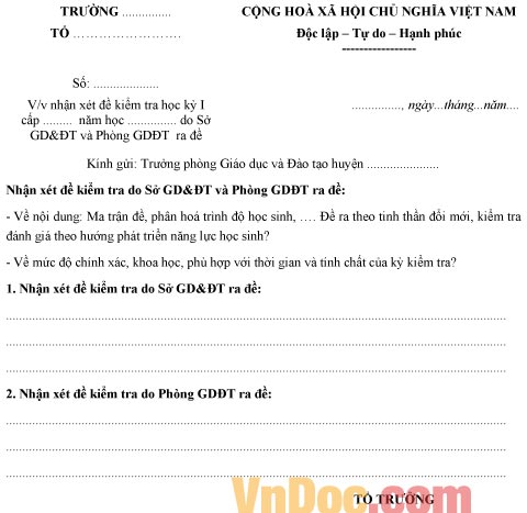 Mẫu nhận xét đề kiểm tra của học kỳ I