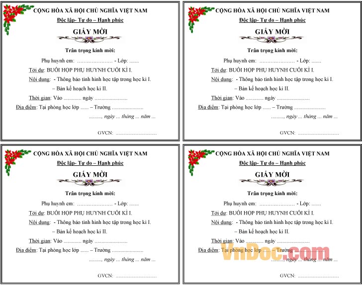 Giấy mời họp phụ huynh cuối học kỳ I