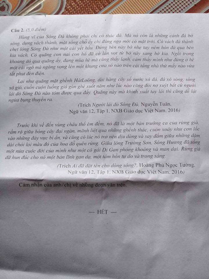 Đề thi Ngữ văn 12 kì 1