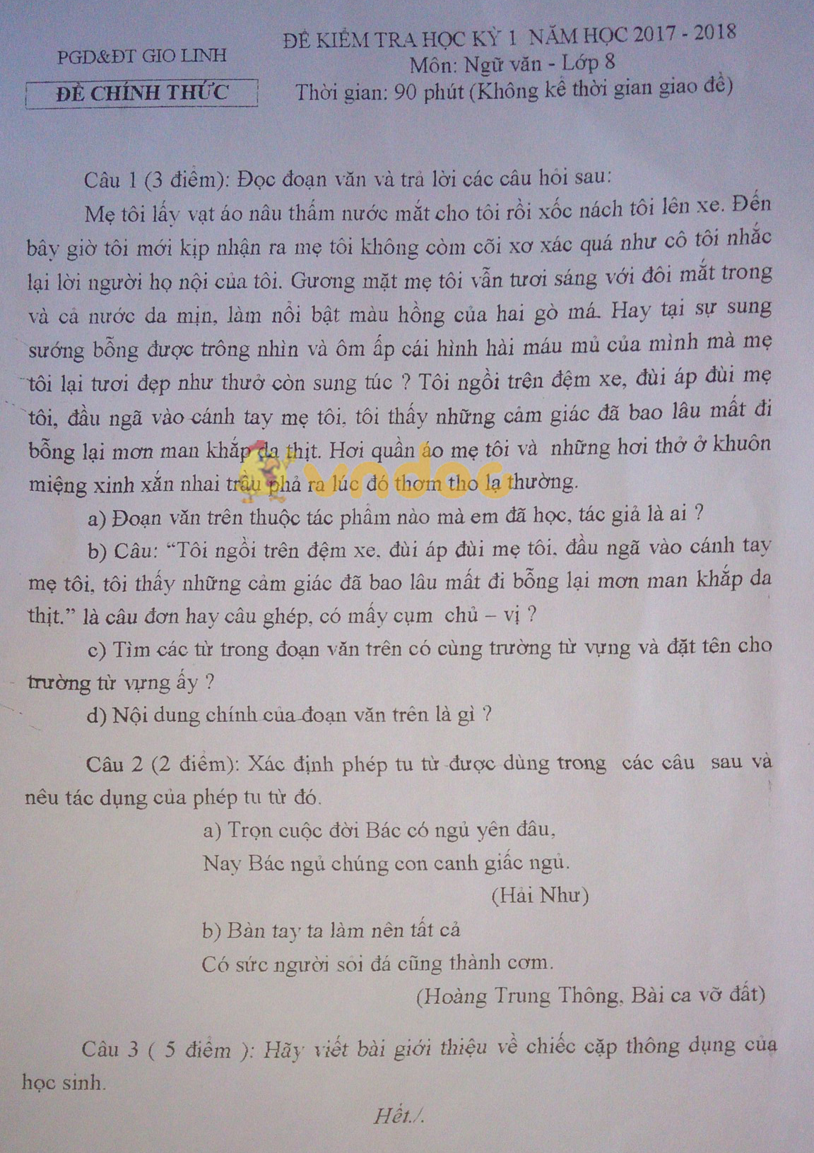 Đề kiểm tra học kì 1 lớp 8 môn Ngữ văn Phòng GD&ĐT Gio Linh năm học 2017 - 2018