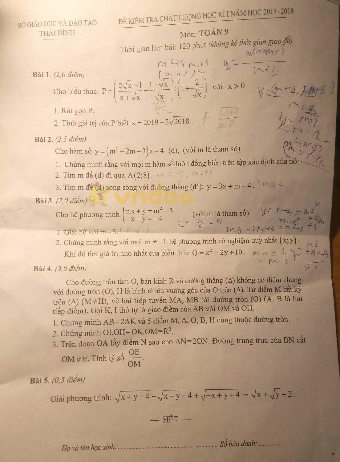 Đề kiểm tra học kì 1 lớp 9 môn Toán Phòng GD&ĐT Thái Bình năm học 2017 - 2018