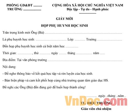 Giấy mời họp phụ huynh học sinh cá biệt
