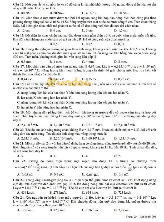 Đề thi minh họa THPT Quốc Gia năm 2017 - 2018 môn Vật lý