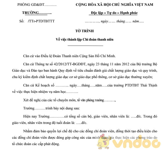 Tờ trình đề nghị thành lập chi đoàn thanh niên