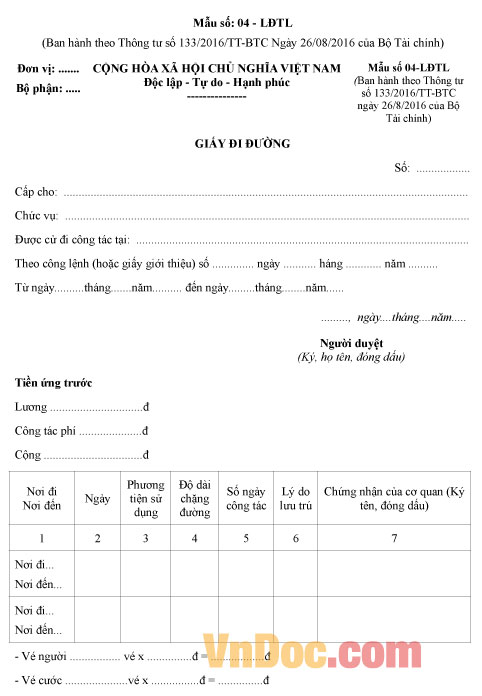 Mẫu giấy đi đường