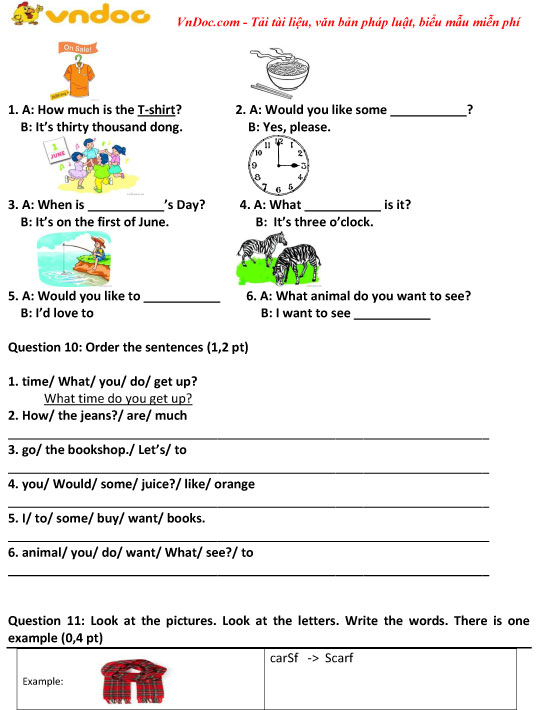 Đề thi giữa học kì 2 môn Tiếng Anh lớp 4 trường TH&THCS Lê Hồng Phong, Bến Tre năm học 2017 - 2018