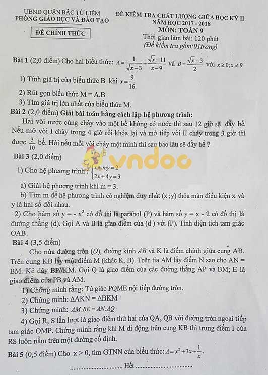 Đề thi giữa học kì 2 lớp 9 môn Toán Phòng GD&ĐT Quận Bắc Từ Liêm năm học 2017 - 2018