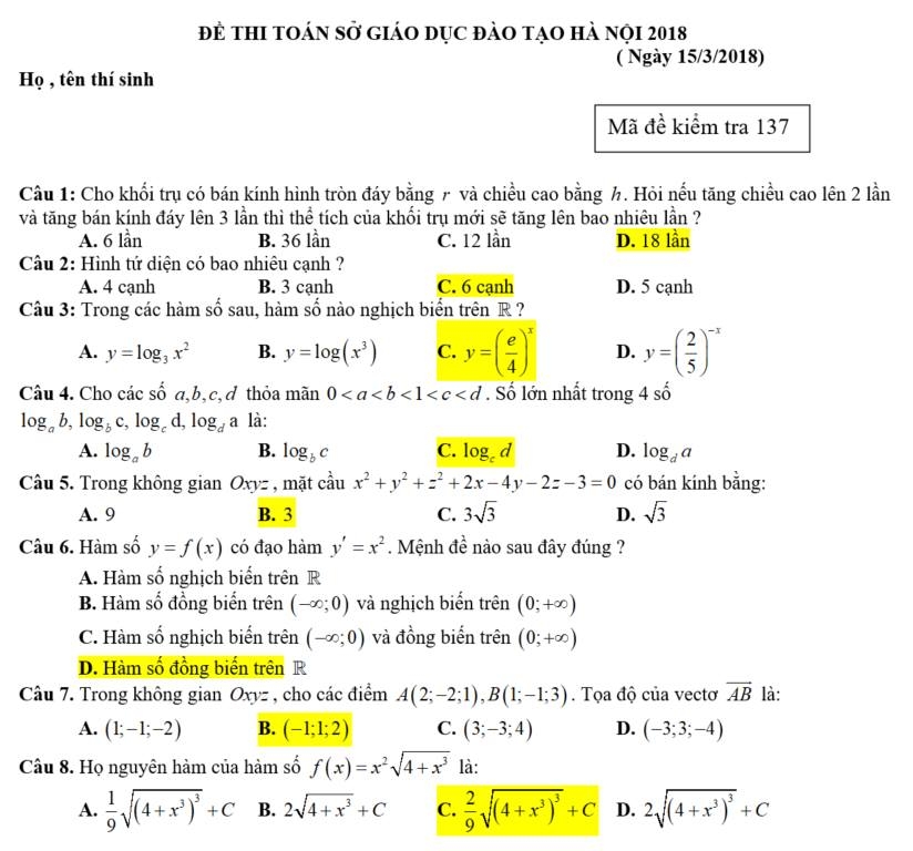Đáp án đề thi thử THPT Quốc Gia môn Toán 2018