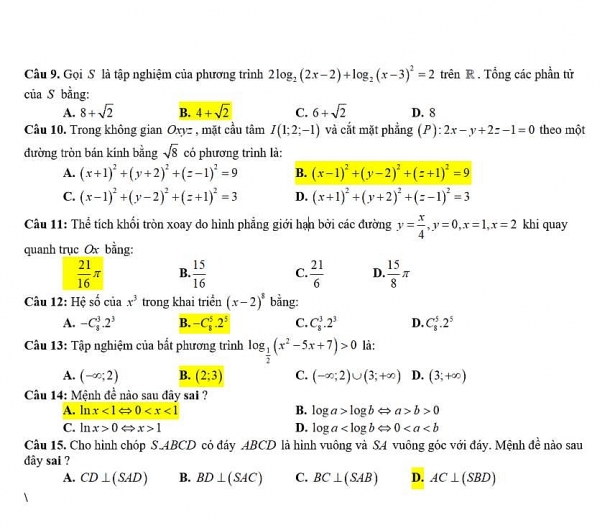 Đáp án đề thi thử THPT Quốc Gia môn Toán 2018