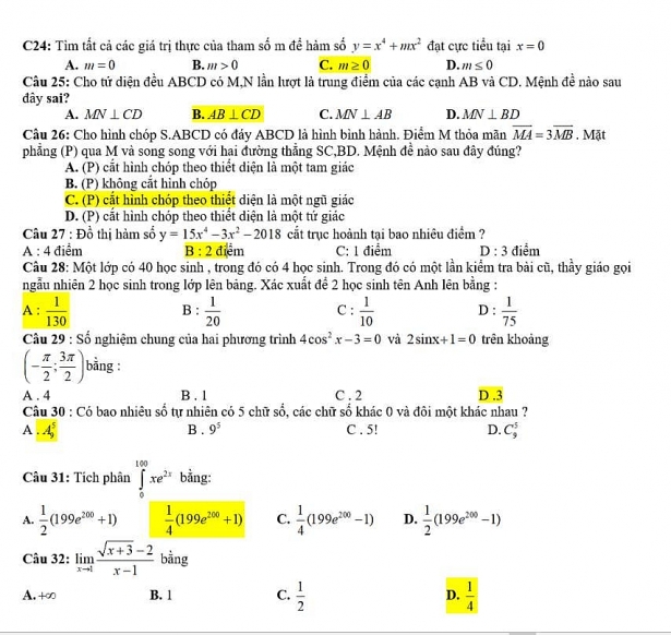 Đáp án đề thi thử THPT Quốc Gia môn Toán 2018