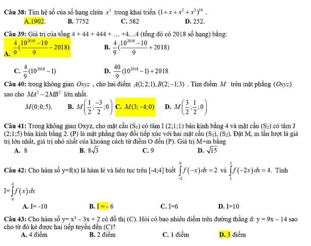 Đáp án đề thi thử THPT Quốc Gia môn Toán 2018