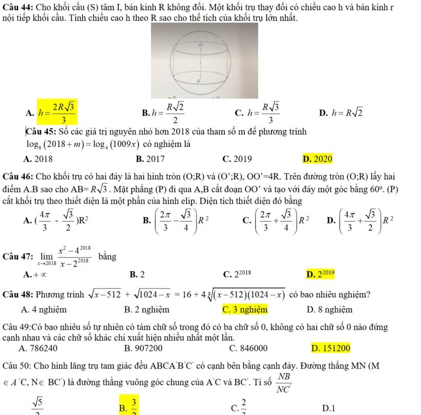 Đáp án đề thi thử THPT Quốc Gia môn Toán 2018
