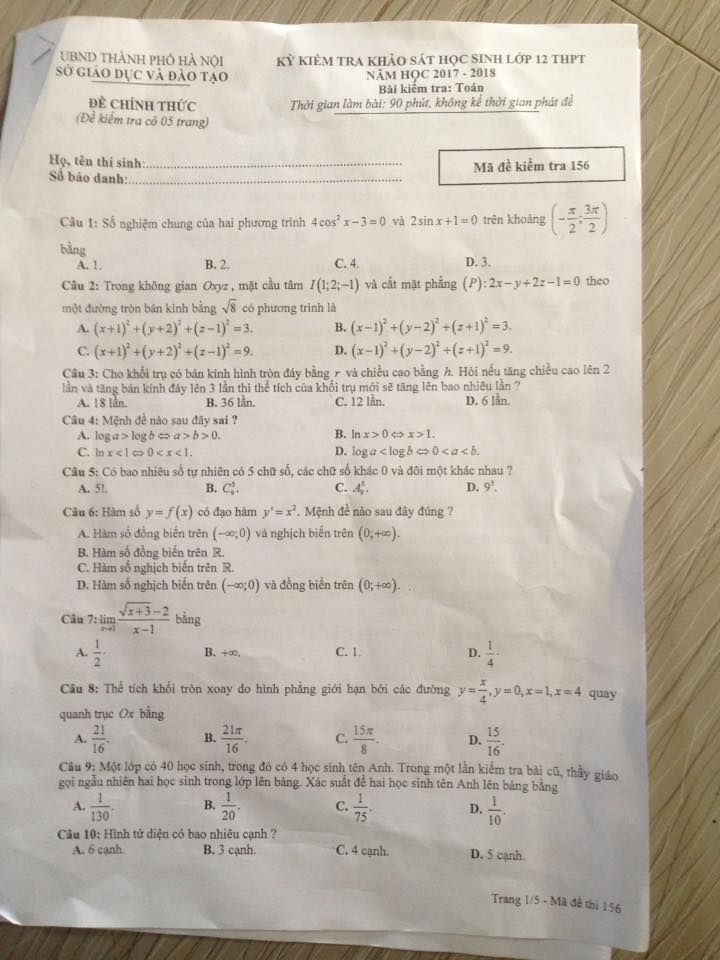 Đề kiểm tra khảo sát chất lượng môn Toán lớp 12 