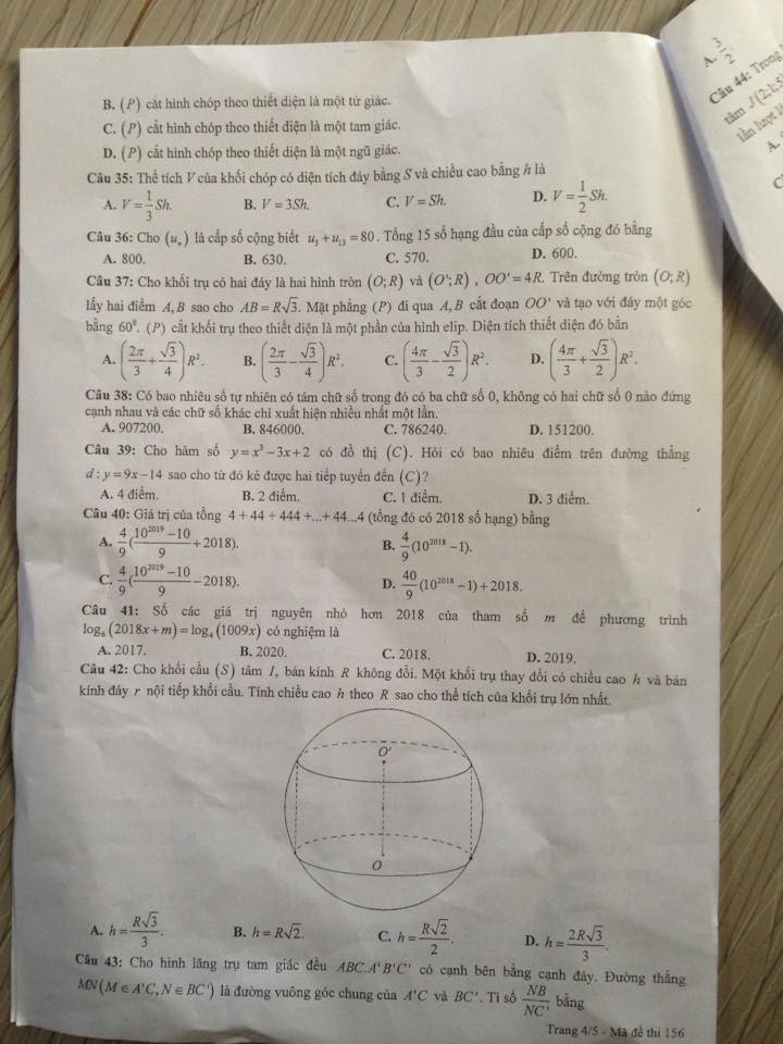 Đề kiểm tra khảo sát chất lượng môn Toán lớp 12 