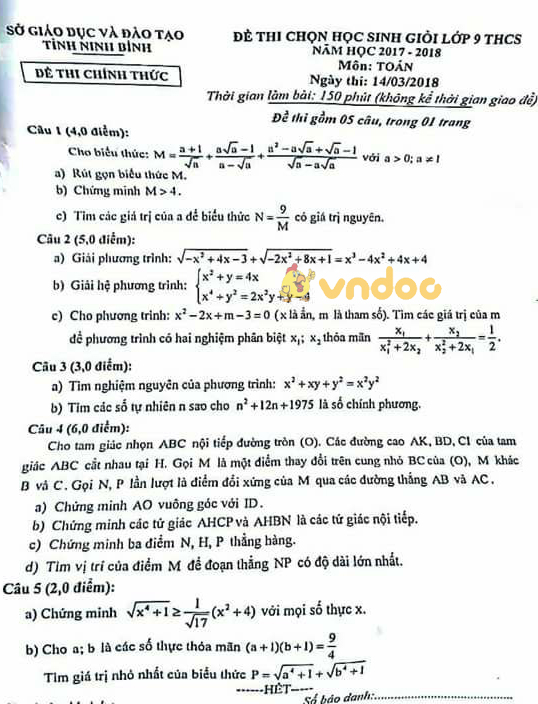 Đề thi chọn học sinh giỏi lớp 9 môn Toán Sở GD&ĐT Tỉnh Ninh Bình năm học 2017 - 2018