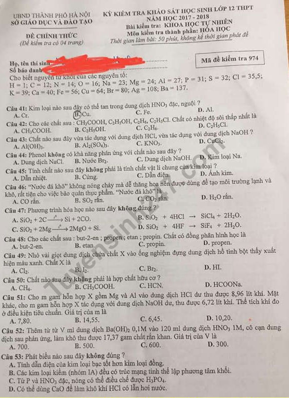 Đề thi thử THPT Quốc gia môn Hóa học năm 2018 