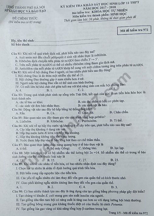 Đề thi thử THPT Quốc gia môn Sinh học năm 2018