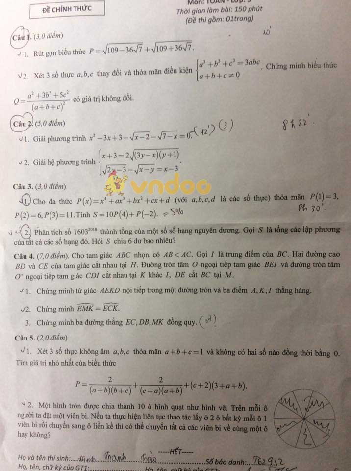 Đề thi chọn học sinh giỏi lớp 9 môn Toán Sở GD&ĐT Nam Định năm học 2017 - 2018