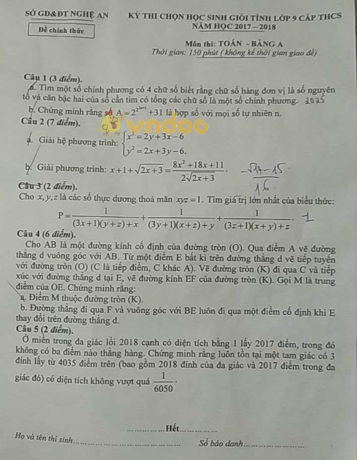 Đề thi chọn học sinh giỏi Tỉnh lớp 9 môn Toán - Bảng A Sở GD&ĐT Nghệ An năm học 2017 - 2018