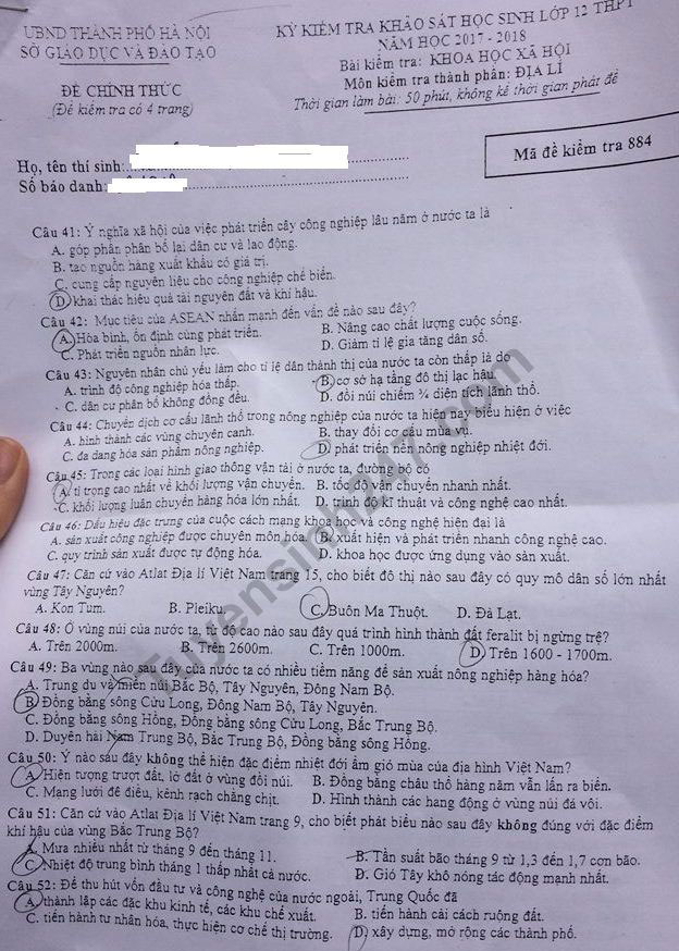 Đề thi thử THPT Quốc gia môn Địa lí