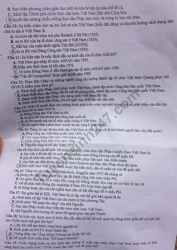 Đề thi thử THPT Quốc gia môn Lịch sử