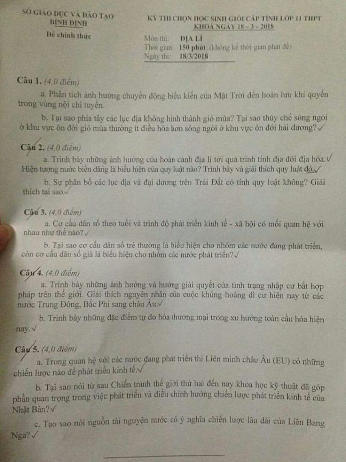 Đề thi học sinh giỏi tỉnh môn Địa 11